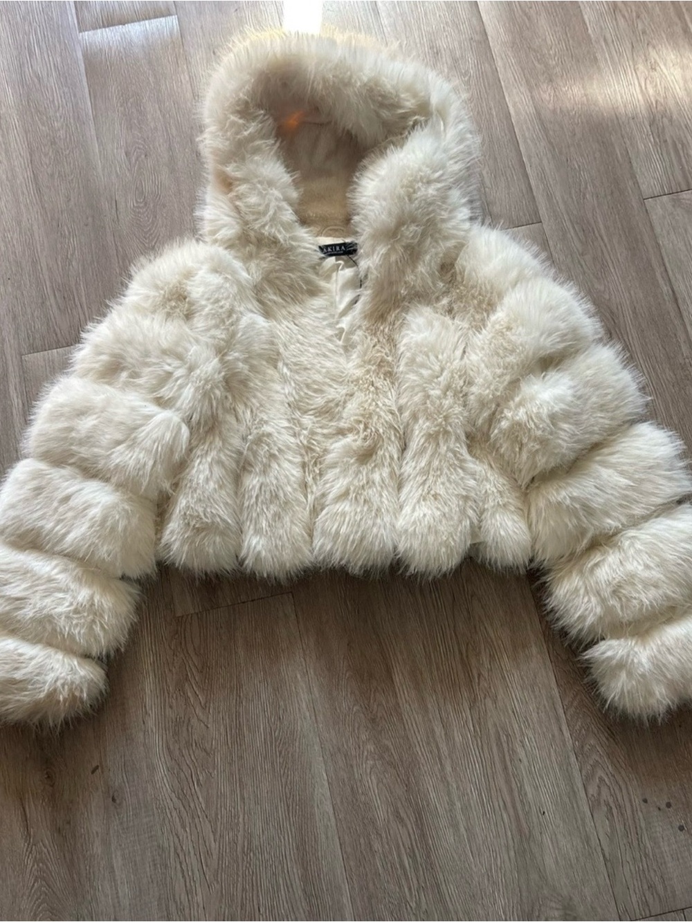 AKIRA Cream Faux Fur Hooded Cropped Teddy Jacket